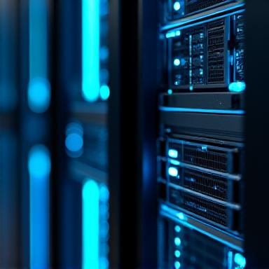 Close-up of a high-tech server room with glowing blue lights signifying fast data processing.